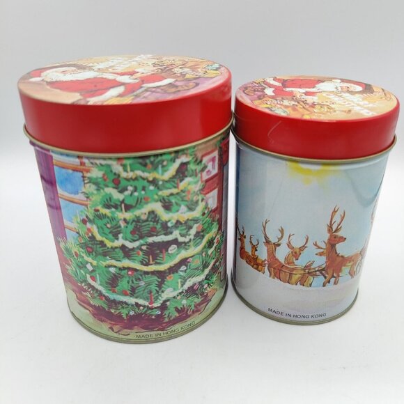 Vintage Nesting Christmas Canister Set of 2 Santa Tree Tins Metal Hong Kong - Picture 8 of 12